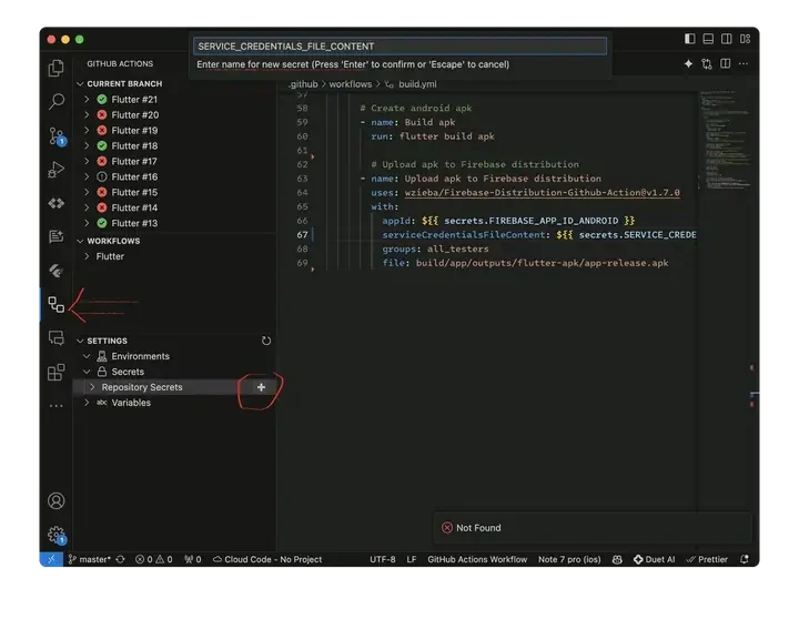 VS Code with the GitHub Actions workflow build.yml and the repository secrets settings
