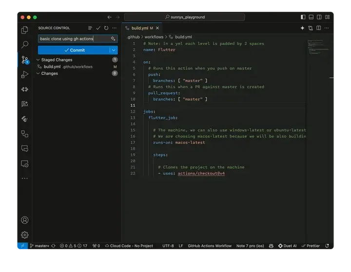 VS Code editing build.yml, a Flutter workflow that runs on push and pull requests