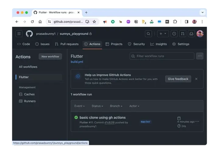 GitHub Actions page showing a workflow run for a basic clone using gh actions