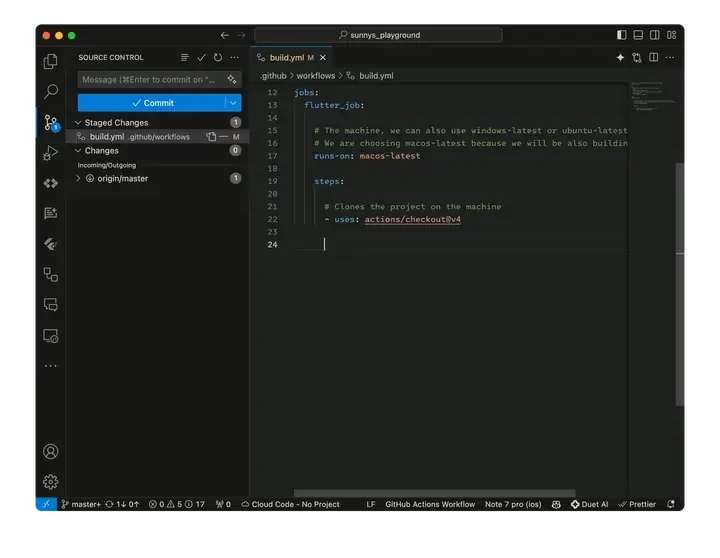 VS Code editing build.yml with the checkout step
