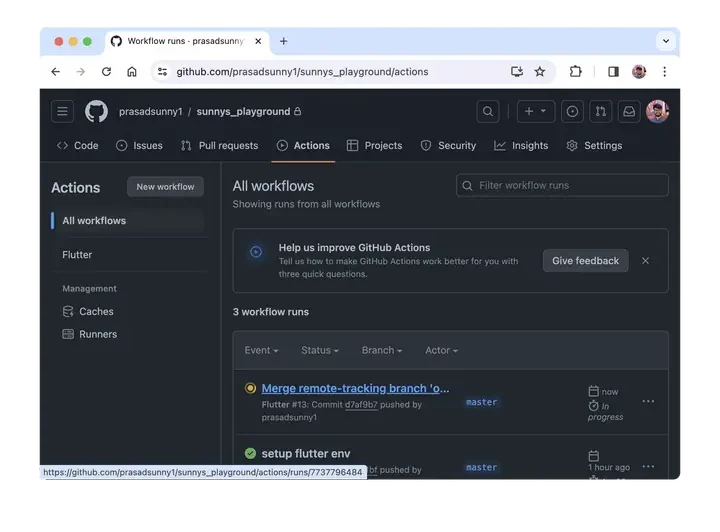 GitHub Actions page listing three workflow runs