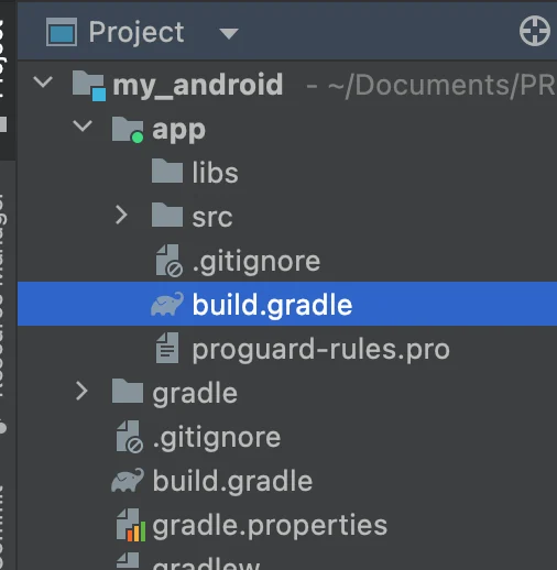Android Studio project view showing the app's build.gradle file