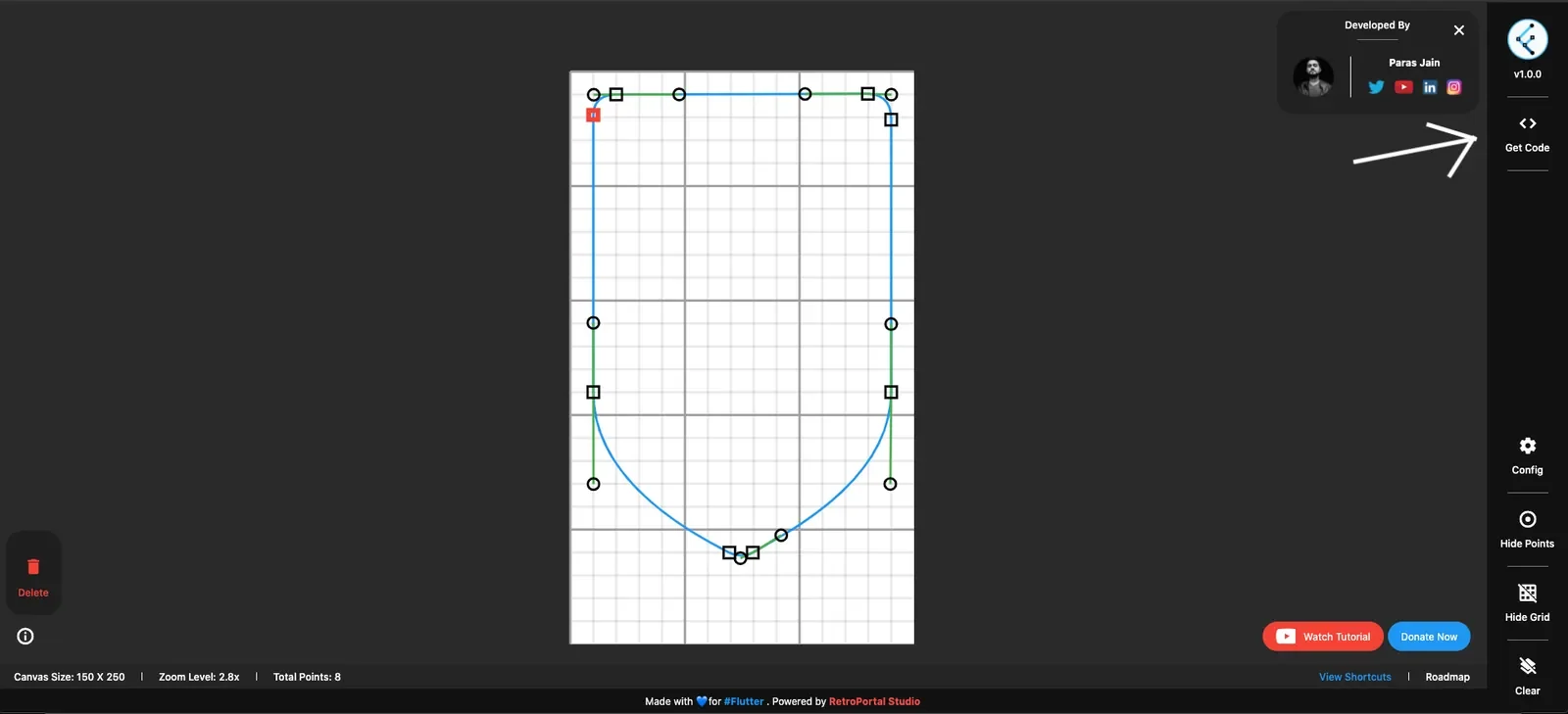 Shape editor showing the shield outline as a blue curved path on a grid