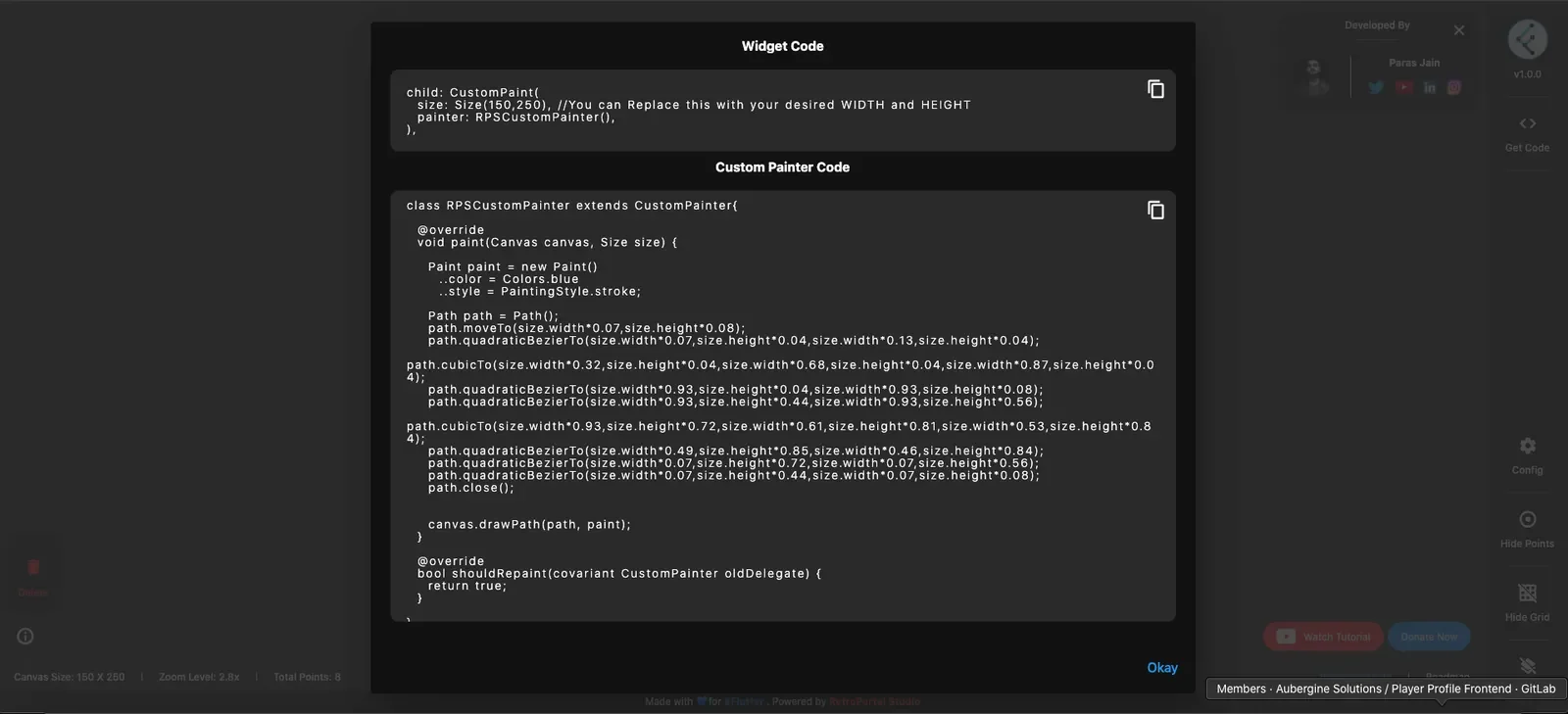 Generated Flutter ClipPath code shown in a widget code dialog