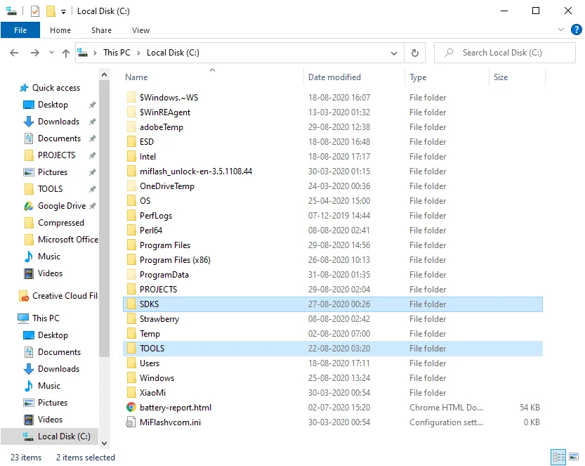 Windows File Explorer showing folders on the C: drive