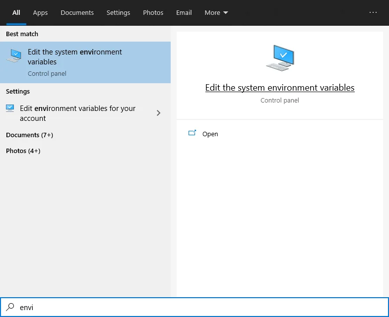 Windows search for environment variables in the Start menu