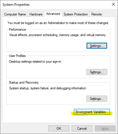 Windows System Properties dialog with the Environment Variables button highlighted