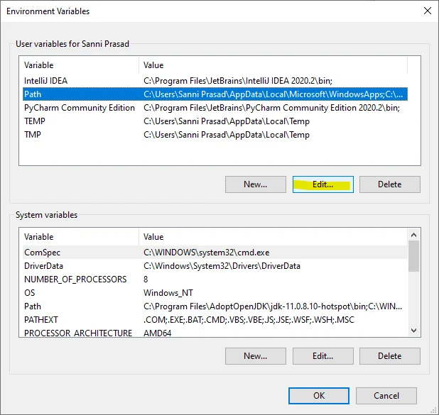 Windows Environment Variables dialog listing the user and system variables