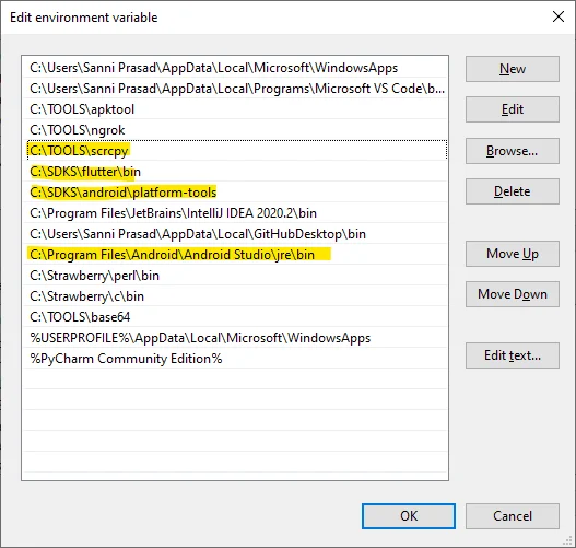 Edit environment variable dialog listing the PATH entries for Flutter and Android tools