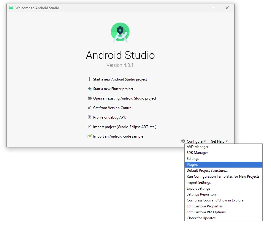 Android Studio welcome screen with the Configure menu open