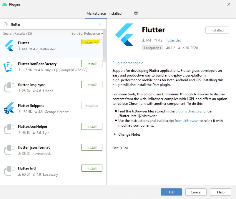 Android Studio plugin marketplace with Flutter searched