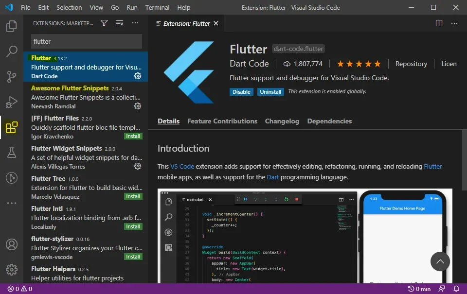 VS Code Flutter extension page