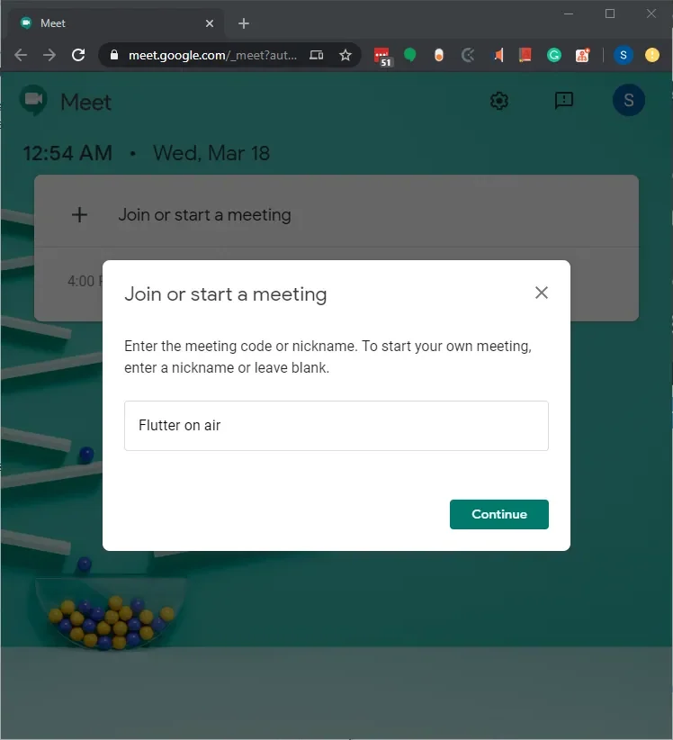 Google Meet join dialog for a meeting named Flutter on air